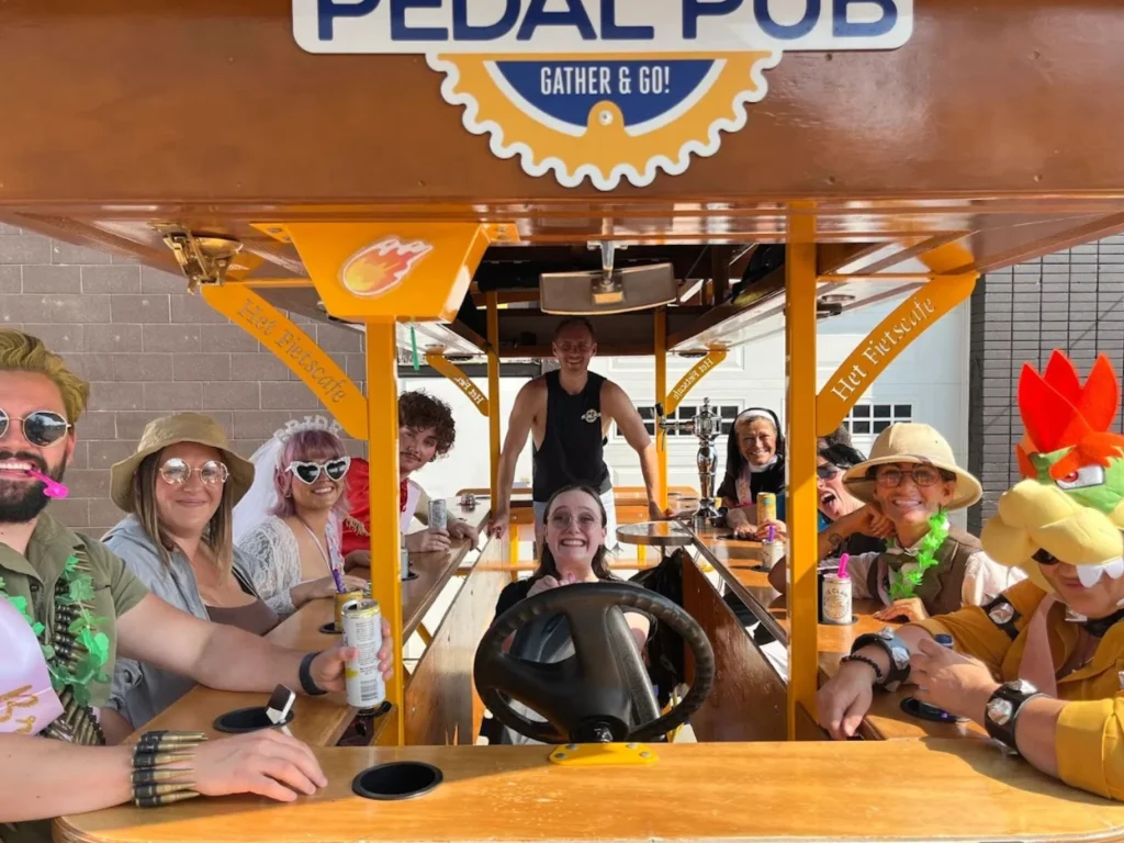 bachelorette party guests wearing costumes