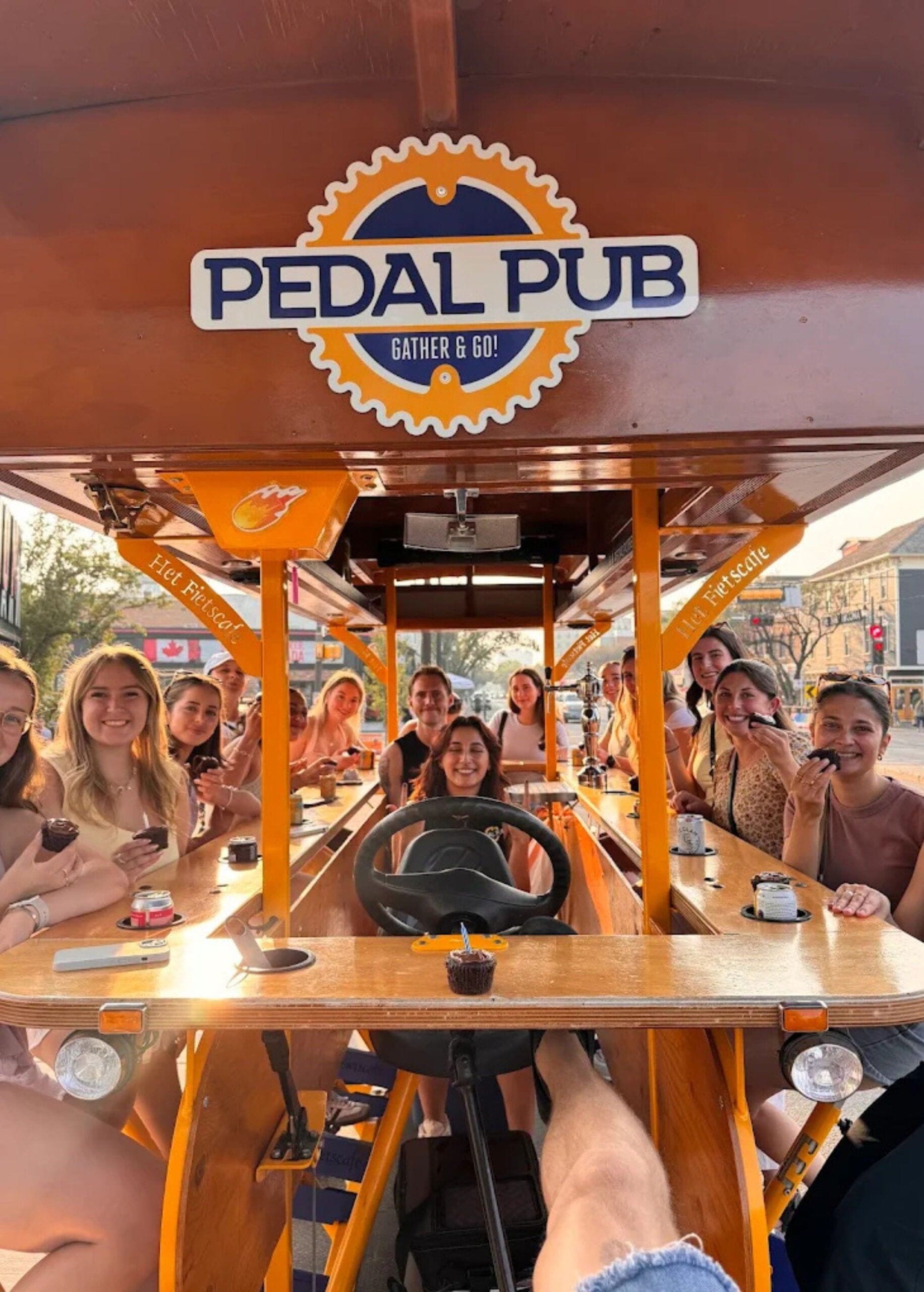 guests laughing together on Pedal Pub birthday party