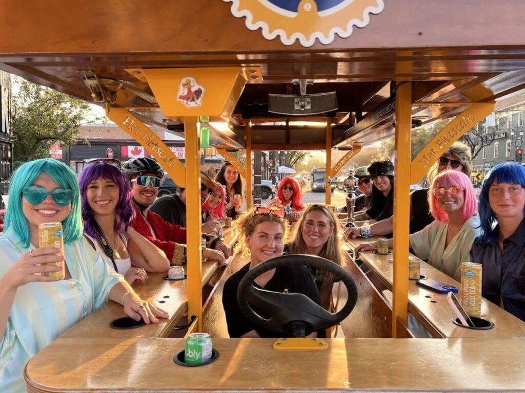 friends in costumes on Pedal Pub ride