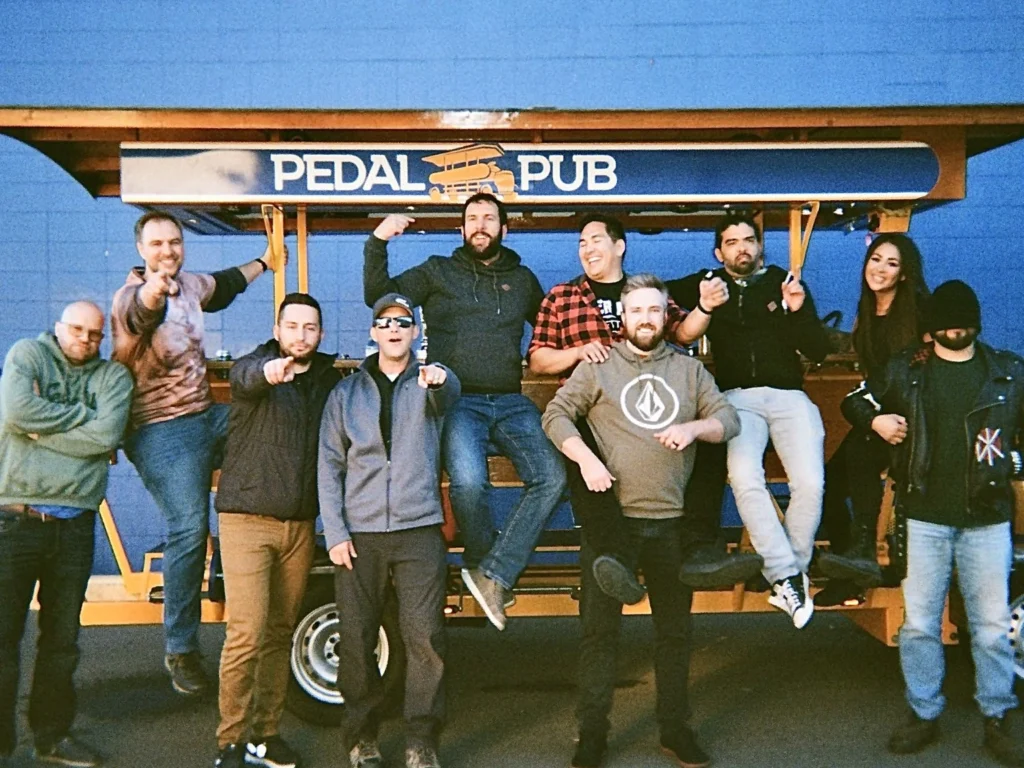 friends at bachelor party with Pedal Pub