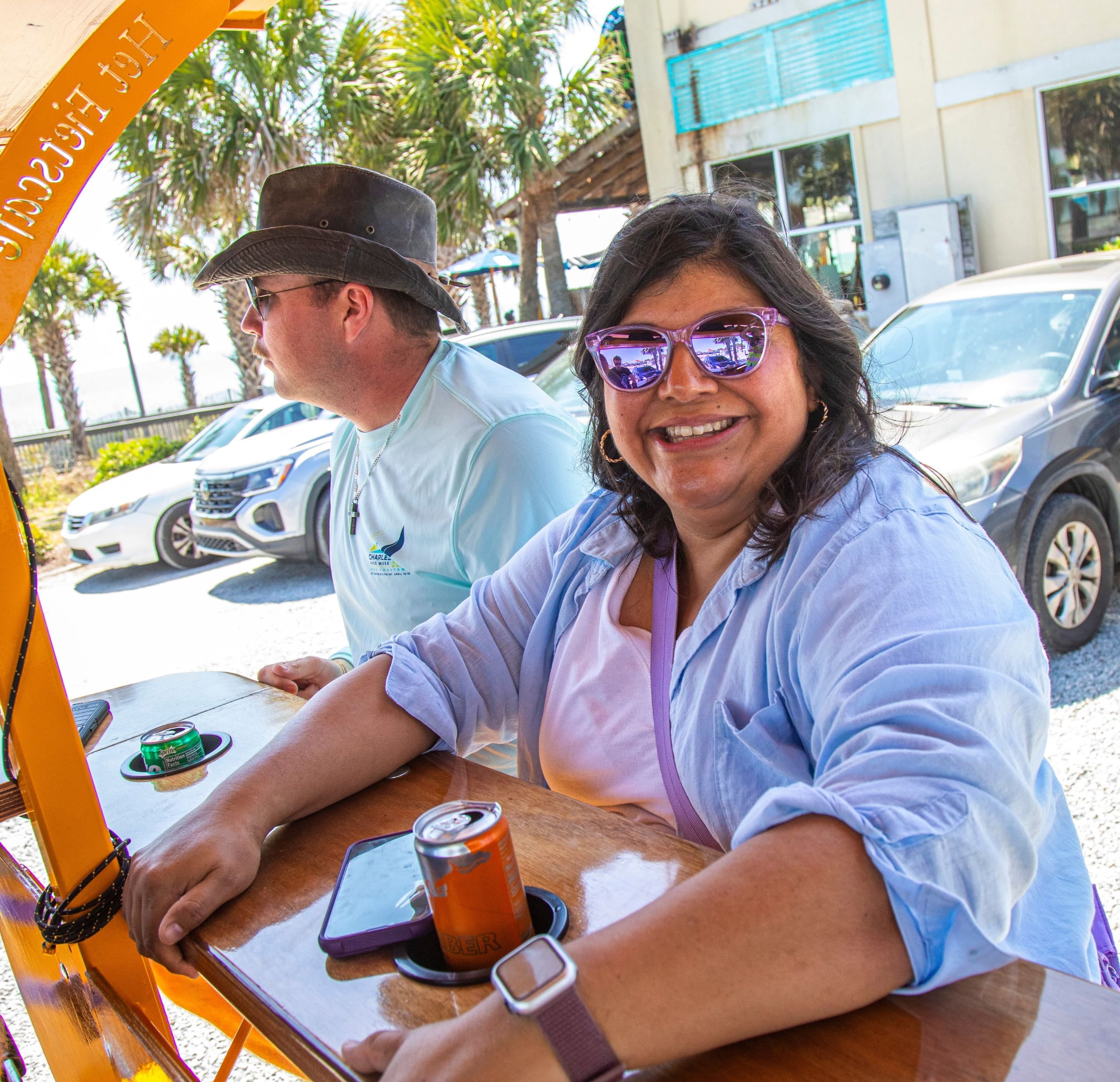 woman smiling on party bike