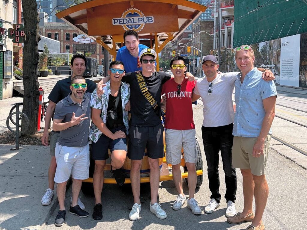 groom and bachelors on Pedal Pub party bike